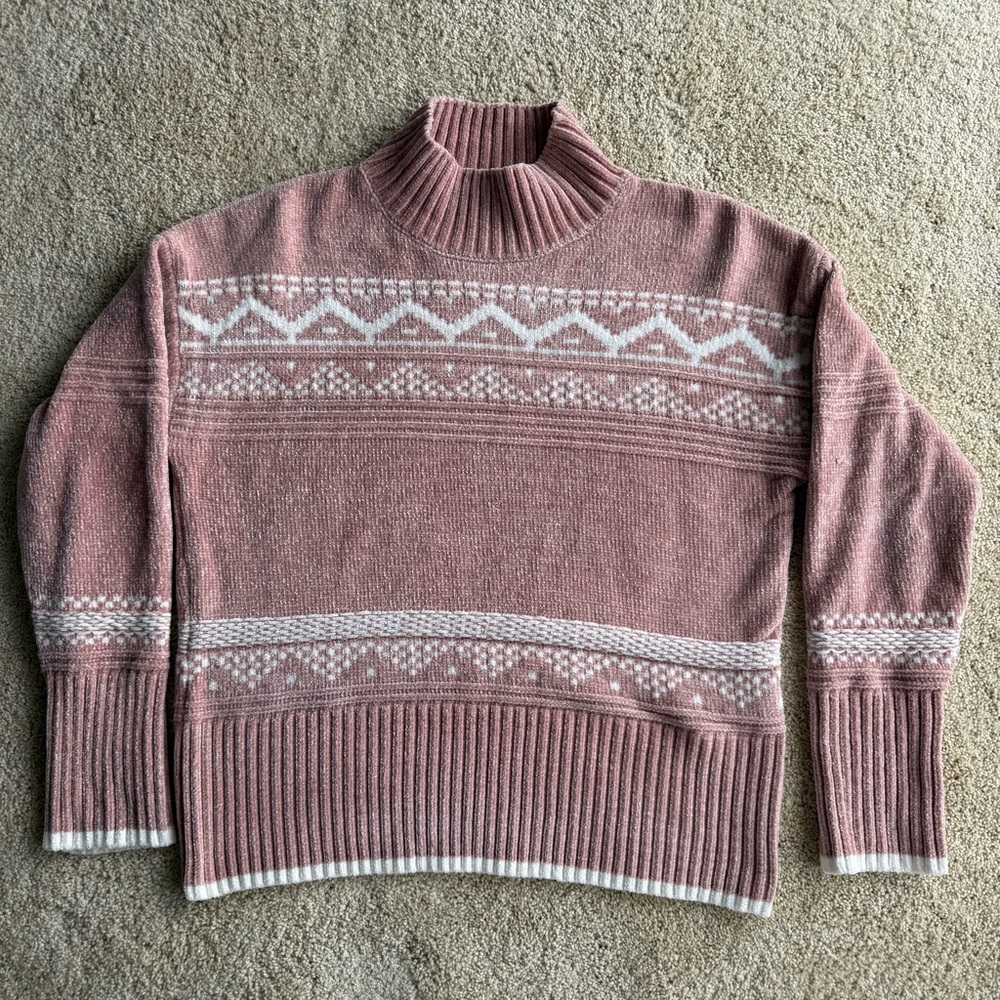 Christian Siriano Chenille Sweater Women M Pink Fair Isle Mock Neck Pullover